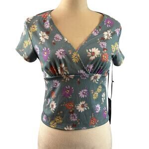 NWT Y2K Babydoll Floral Hippie Boho Top Ribbed Knit Faux Wrap V- Neck Fairy LG